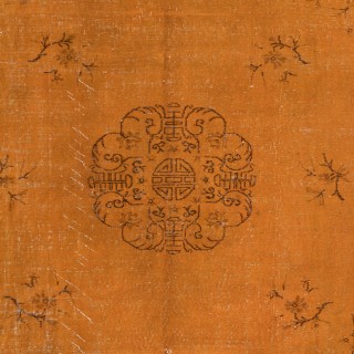 Floral Art Deco Rug, Orange Handmade Wool and Cotton Carpet, Modern Floor Covering