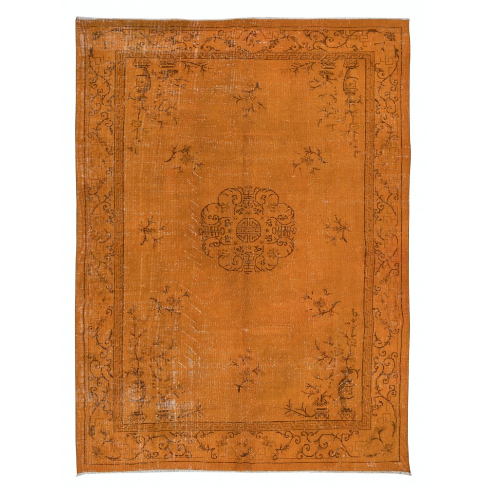 Floral Art Deco Rug, Orange Handmade Wool and Cotton Carpet, Modern Floor Covering