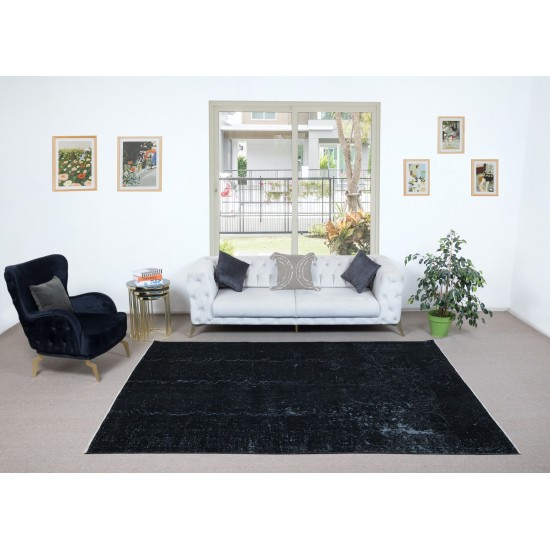 Plain Black Over-Dyed Turkish Area Rug, Handmade Vintage Large Carpet for Living Room Decor