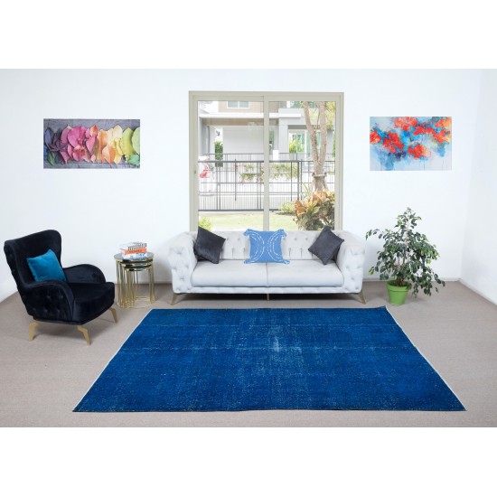 Solid Blue Living Room Rug, Handmade Turkish Carpet for Outdoor, Modern Floor Covering