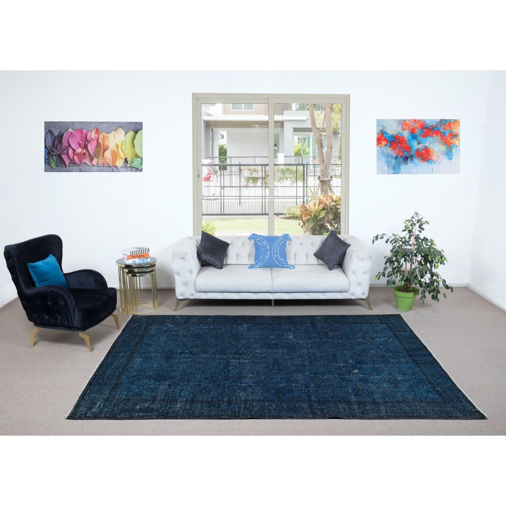 Royal Blue Handmade Area Rug from Turkey, Solid Navy Blue Overdyed Carpet, Contemporary Dark Blue Living Room Carpet
