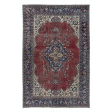 Vintage Hand-Knotted Turkish Floral Medallion Rug in Burgundy, Navy Blue and Ivory