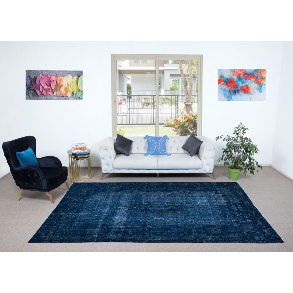 Modern Overdyed Hand Knotted Wool Blue Area Rug From Turkey