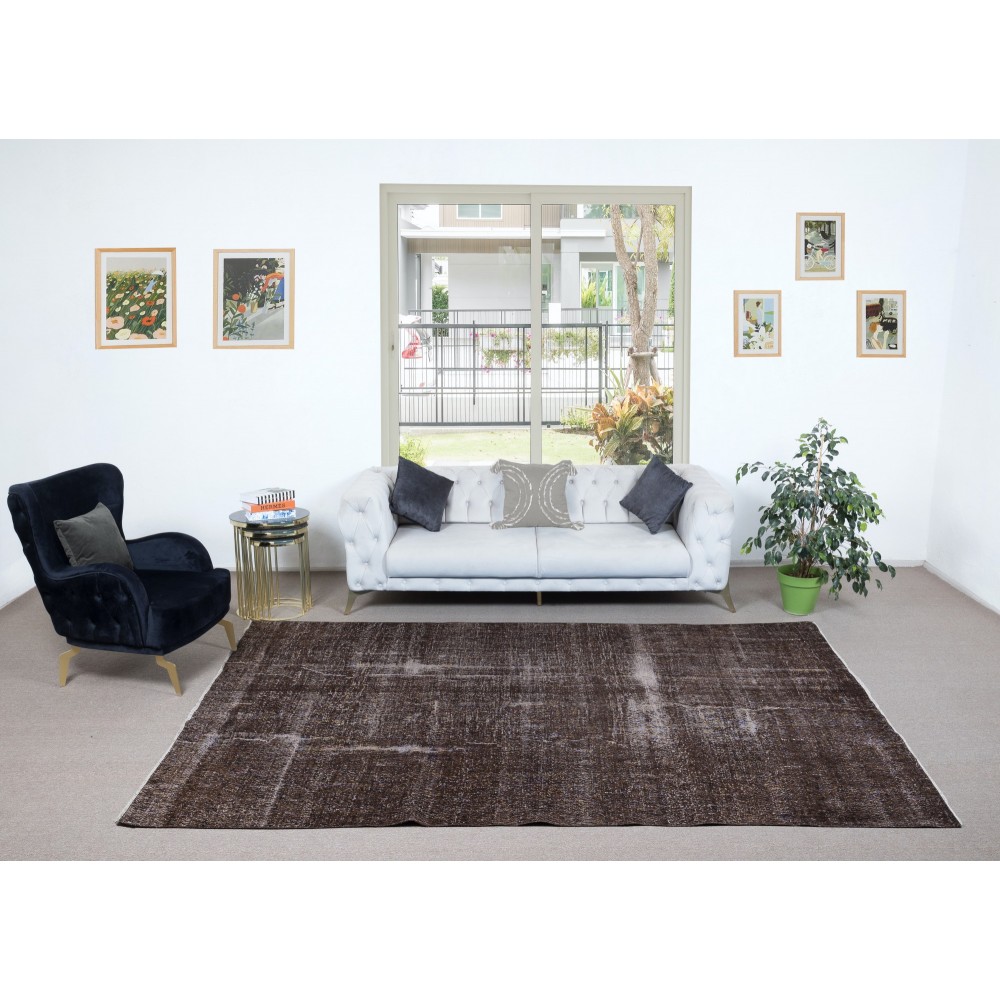 Handmade Turkish Area Rug in Brown, Vintage Distressed Large Carpet