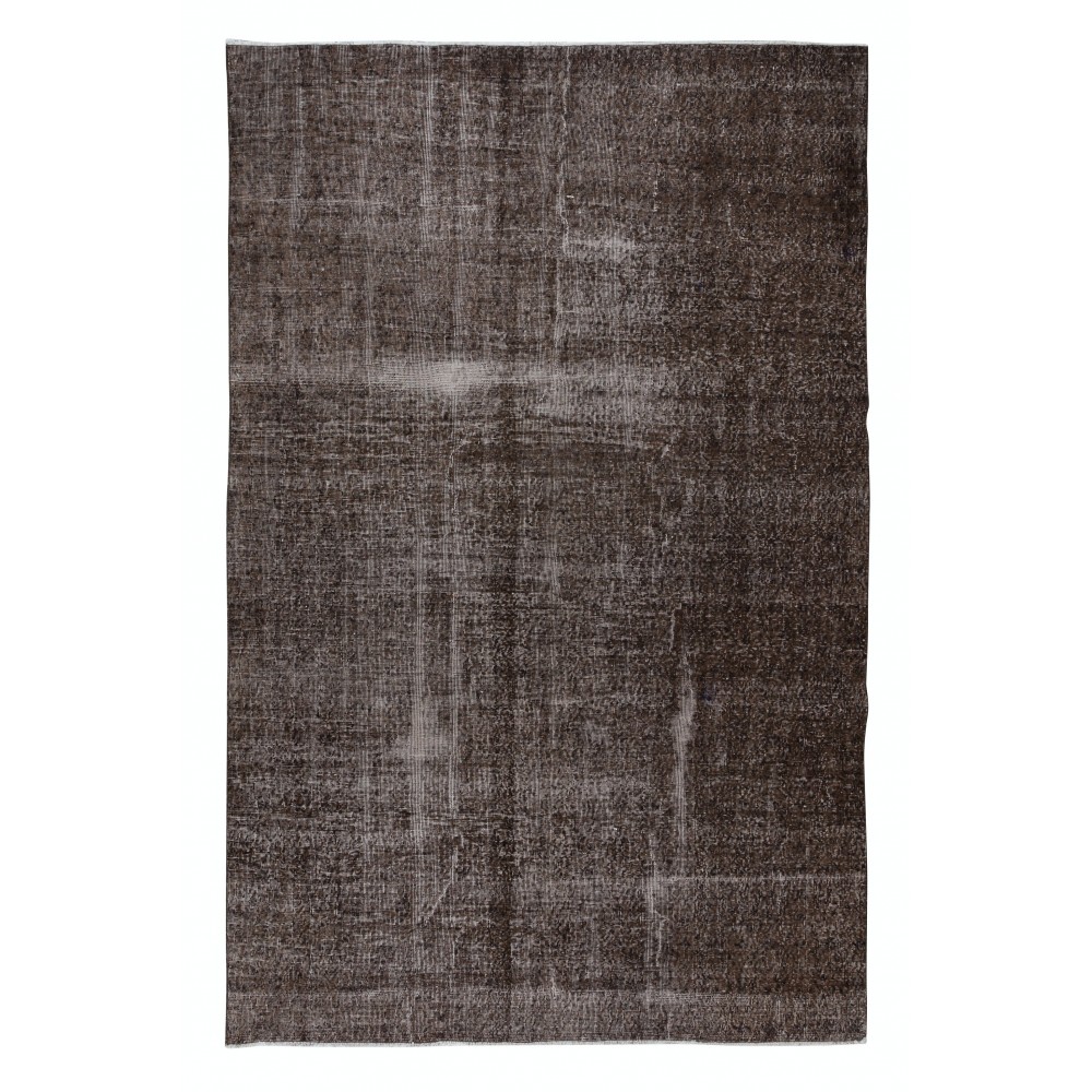 Handmade Turkish Area Rug in Brown, Vintage Distressed Large Carpet