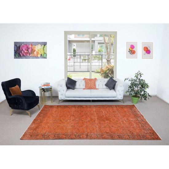 Handmade Turkish Orange Rug, Modern Floral Area Rug, Bohemian Home Decor