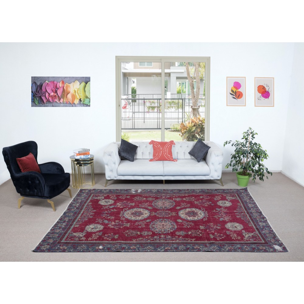 Unique Distressed Shabby Chic Vintage Turkish Oriental Rug in Red Color