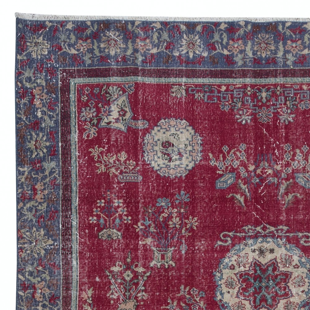 Unique Distressed Shabby Chic Vintage Turkish Oriental Rug in Red Color
