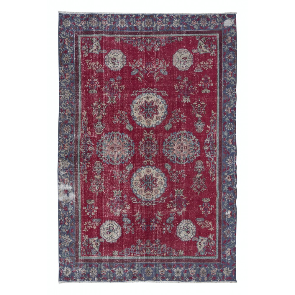Unique Distressed Shabby Chic Vintage Turkish Oriental Rug in Red Color