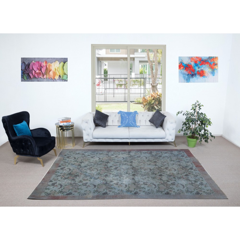 Handmade Flower Design Turkish Area Rug with Solid Red Border & Light Blue Background, Vintage Upcycled Unique Carpet