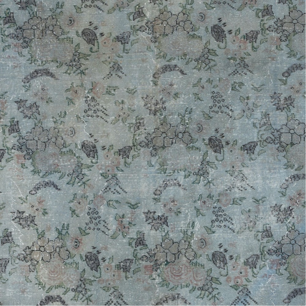 Handmade Flower Design Turkish Area Rug with Solid Red Border & Light Blue Background, Vintage Upcycled Unique Carpet