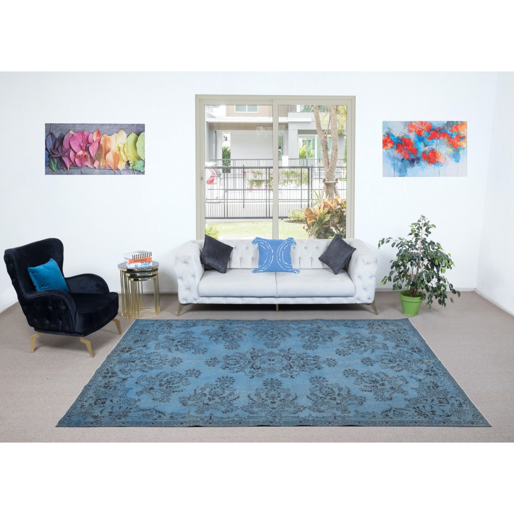 Light Blue Modern Area Rug, Large Overdyed Carpet, Handmade Turkish Living Room Carpet, Woolen Floor Covering