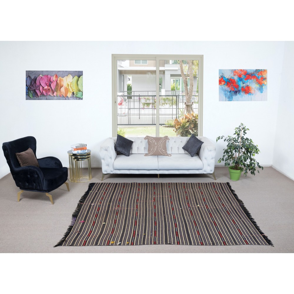 Unique Hand-Woven Striped Kilim, Vintage Flat-Weave Anatolian Rug