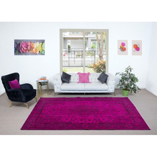 One of a Kind Hand Made Modern Large Rug in Hot Pink. Turkish Bohem Carpet for Living Room