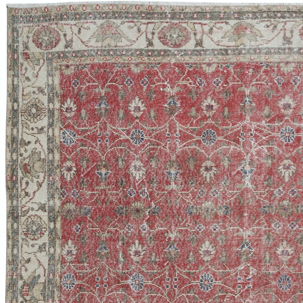 Vintage Handmade Turkish Rug in Red & Beige with All-Over Flower Design