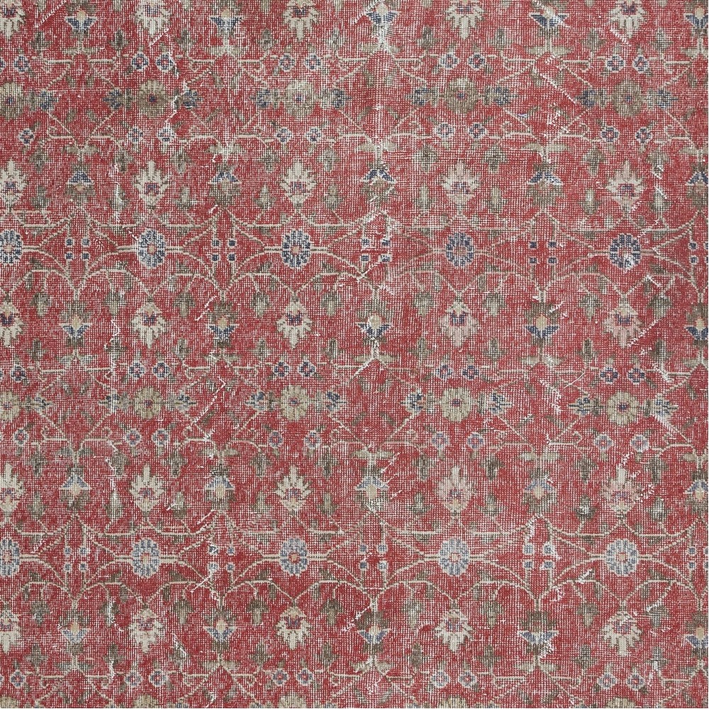 Vintage Handmade Turkish Rug in Red & Beige with All-Over Flower Design