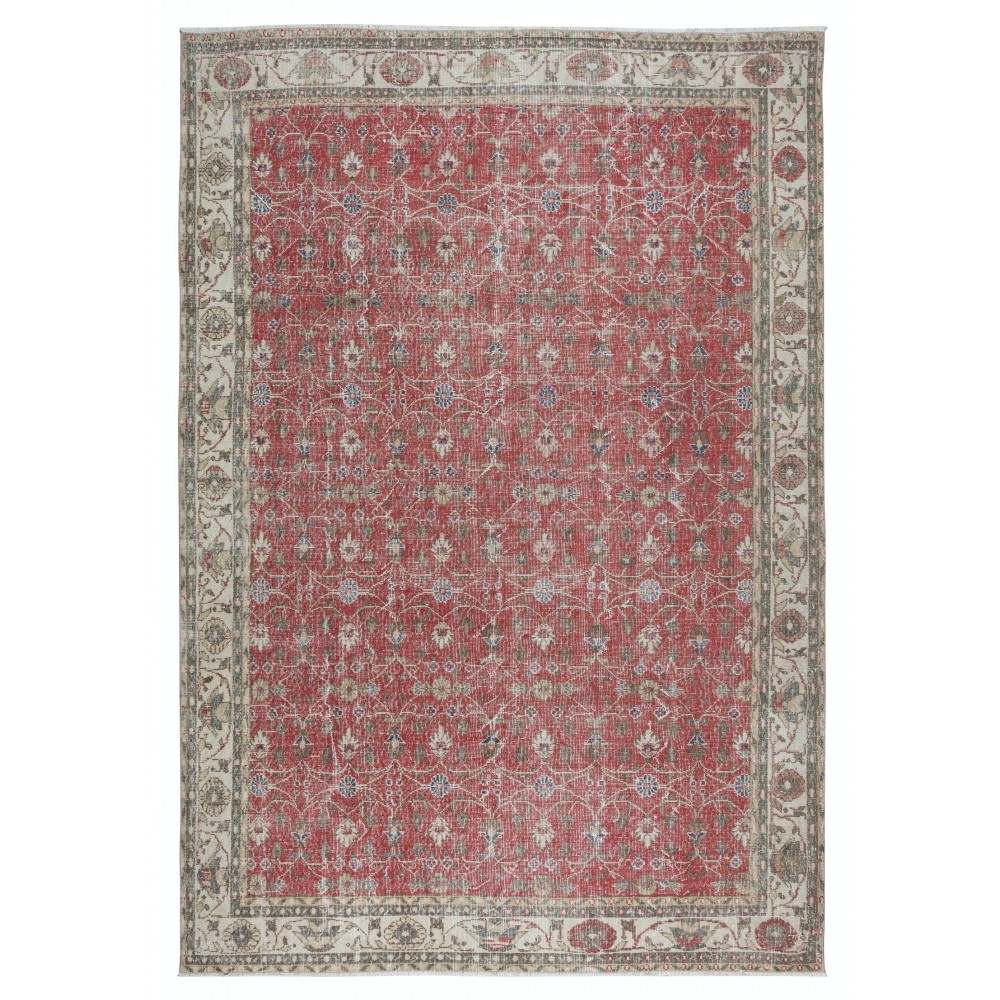 Vintage Handmade Turkish Rug in Red & Beige with All-Over Flower Design