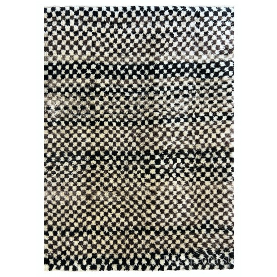 Checkered Handmade Rug in Beige, Black & Black, 100% Soft, Cozy Wool, Custom Tulu Carpet for Modern Interior