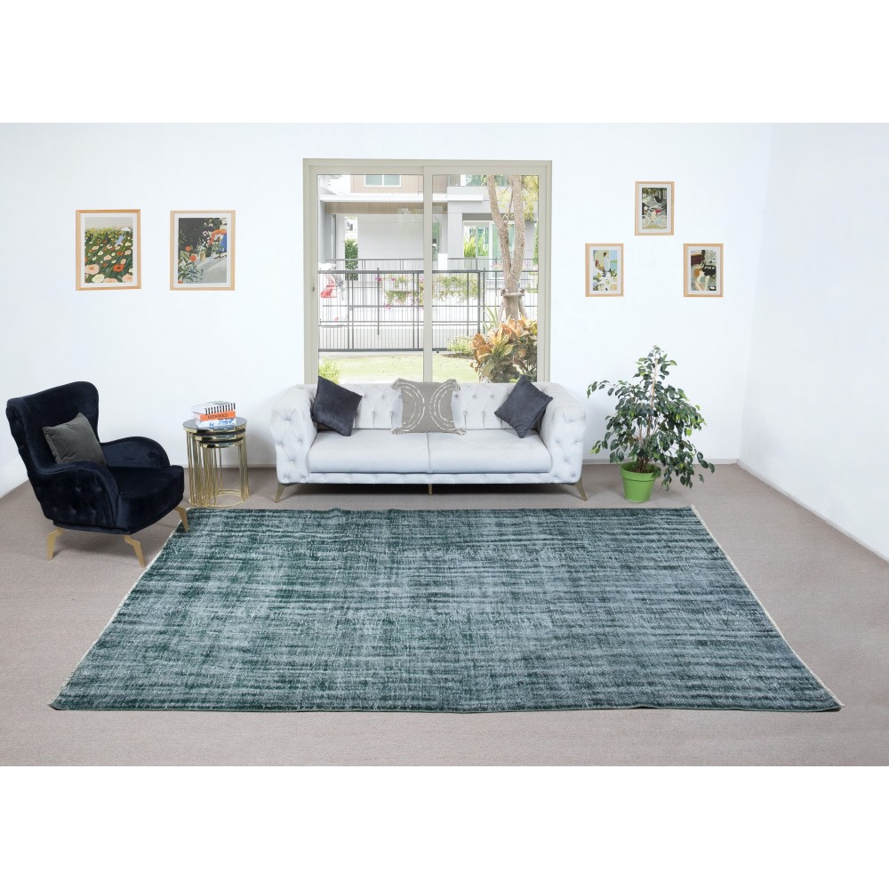 Hand Knotted Shabby Chic Style Rug, Dark Green Carpet for Dining Room, Living Room & Bedroom Decor