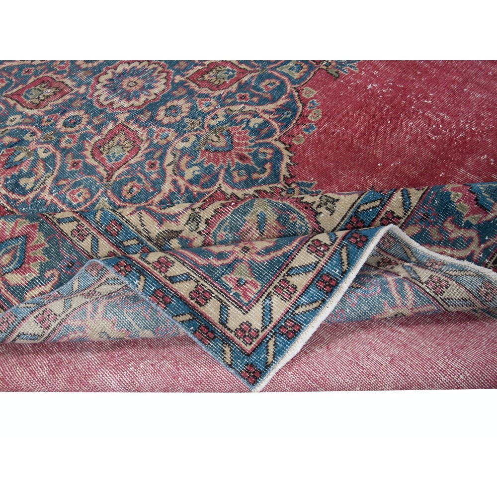 One of a kind Hand Made Vintage Anatolian Area Rug in Red & Dark Blue