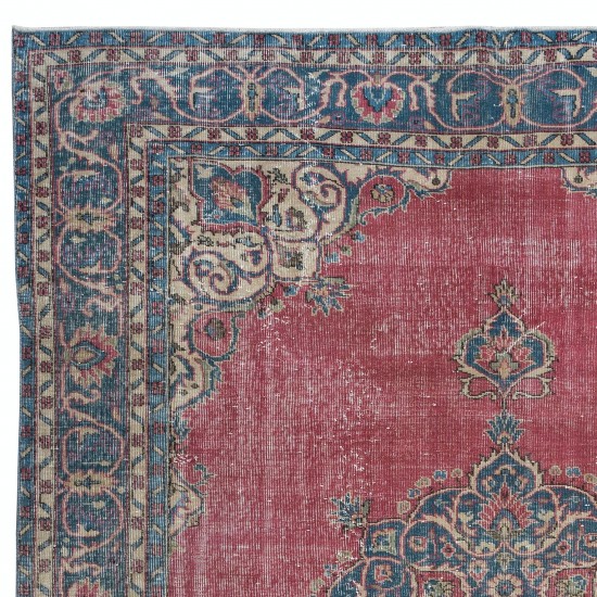 One of a kind Hand Made Vintage Anatolian Area Rug in Red & Dark Blue