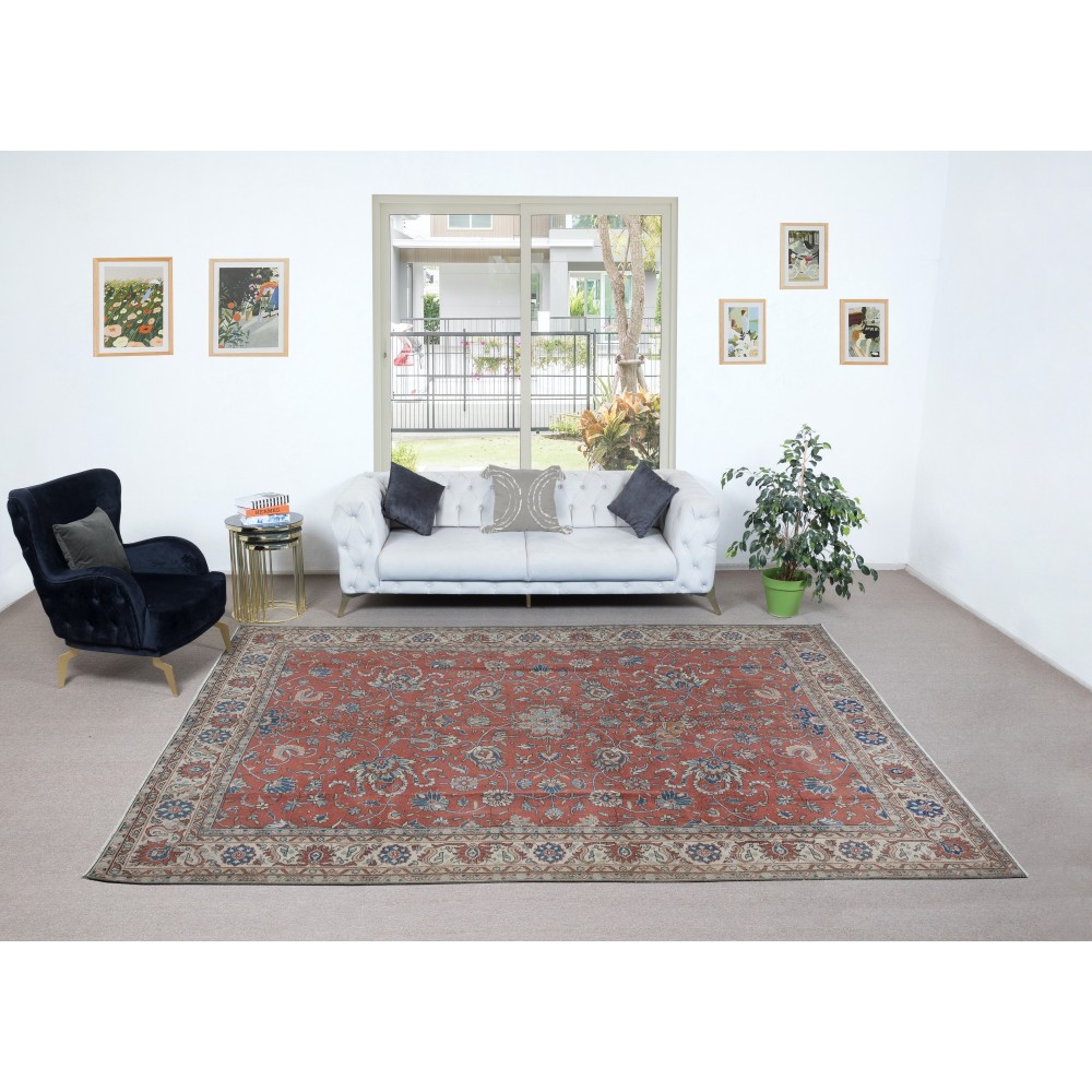 Vintage Handmade Turkish Large Area Rug in Red & Beige with Botanical Design