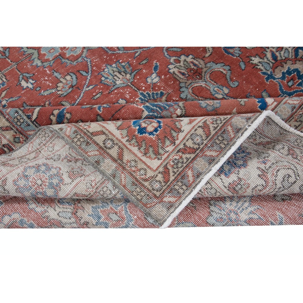 Vintage Handmade Turkish Large Area Rug in Red & Beige with Botanical Design