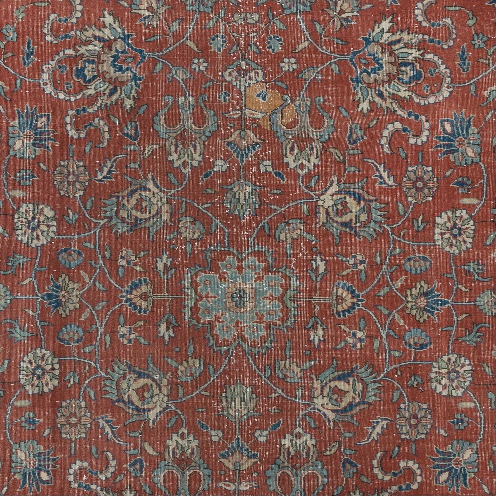 Vintage Handmade Turkish Large Area Rug in Red & Beige with Botanical Design