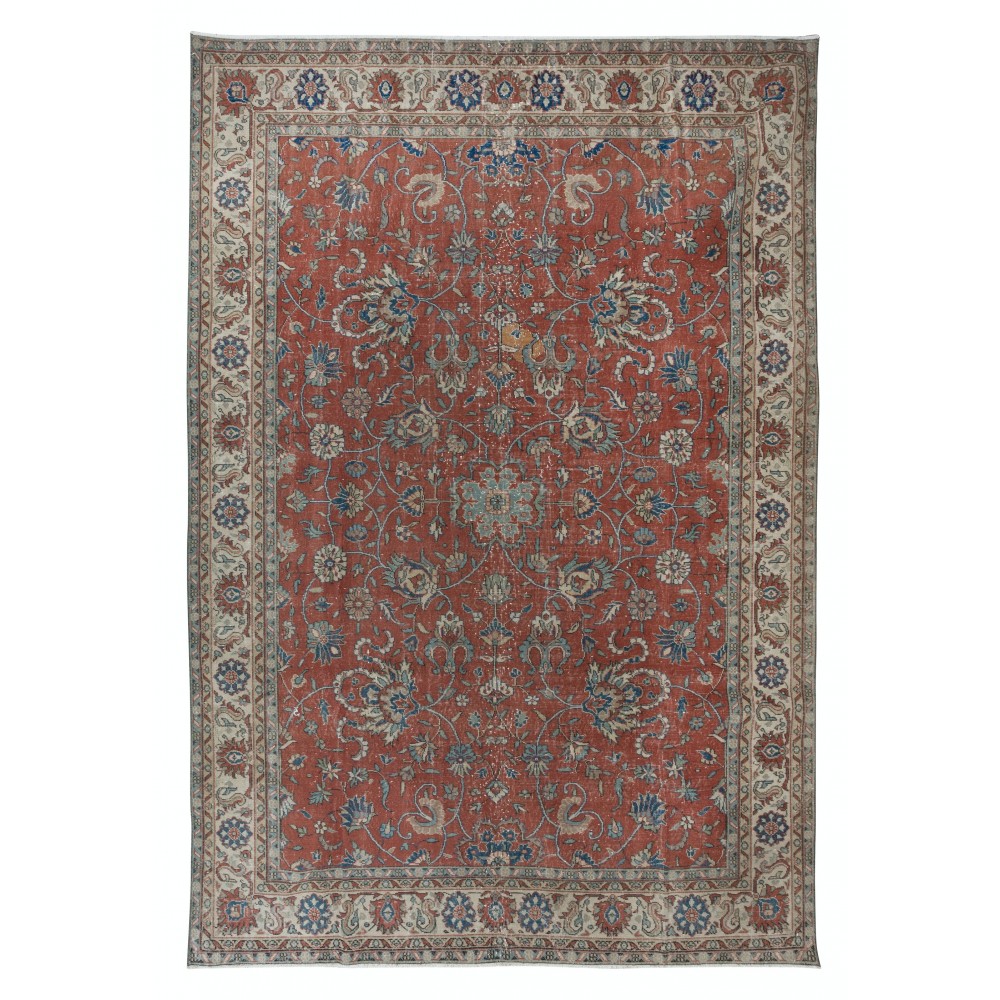 Vintage Handmade Turkish Large Area Rug in Red & Beige with Botanical Design