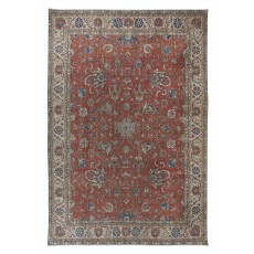 Vintage Handmade Turkish Large Area Rug in Red and Beige with Botanical Design