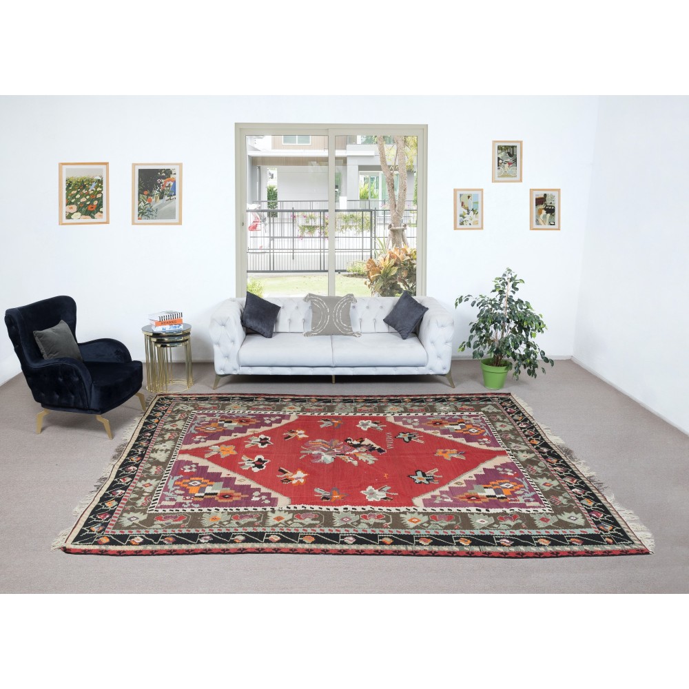 Vintage Bosnian Kilim, Flat-Weave Rug, 100% Wool