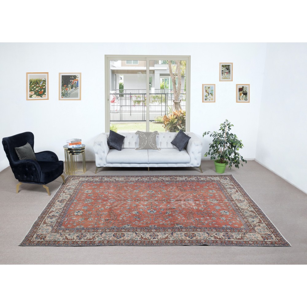Hand Knotted Vintage Wool Area Rug, Handmade Turkish Floral Large Carpet