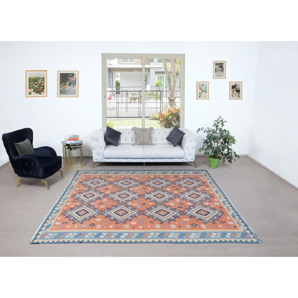 Swedish Hand-Woven Vintage Kilim Rug with Geometric Details, 'Flat-Weve', 100% Wool