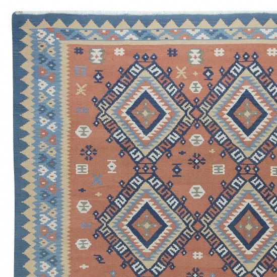 Swedish Hand-Woven Vintage Kilim Rug with Geometric Details, 'Flat-Weve', 100% Wool