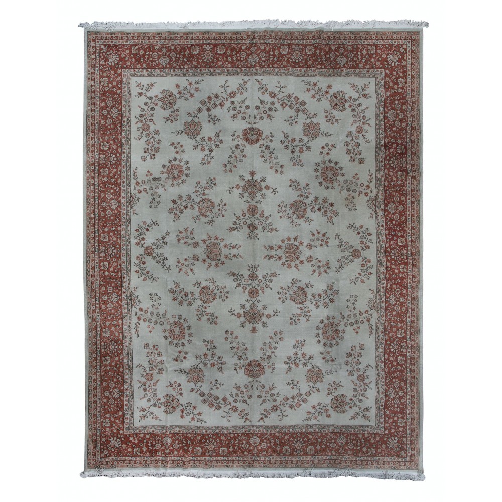 Vintage Handmade Floral Design Turkish Oversize Rug in Beige & Red Colors