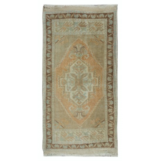 Vintage Oushak Small Rug in Muted Colors. Handmade door mat or bath mat. 60 Year Old Accent Rug