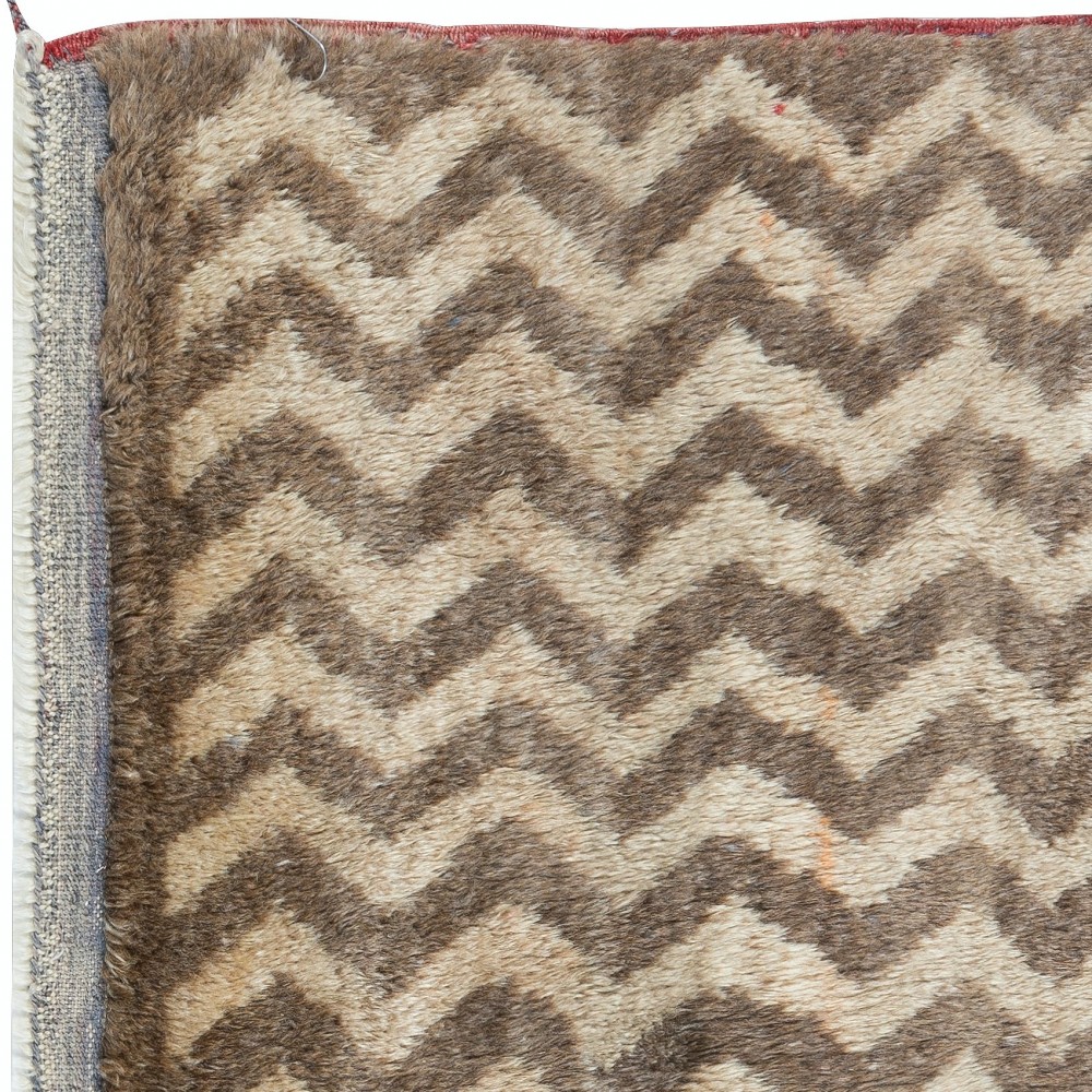Vintage Handmade Anatolian Tulu Rug in Brown & Beige with Zig Zag Design