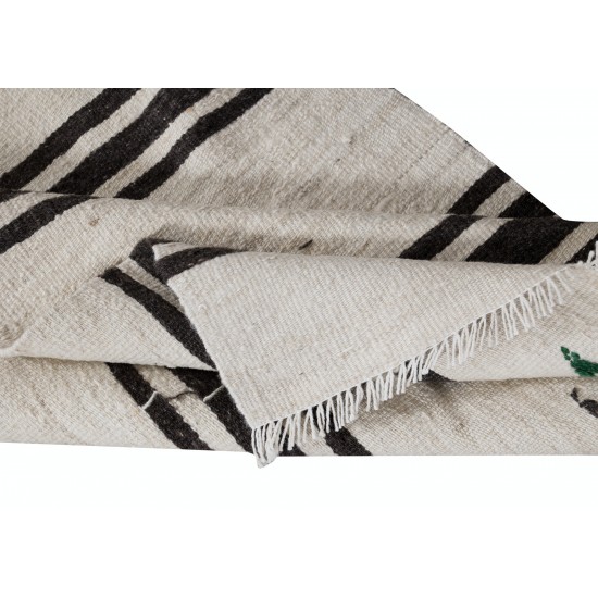 Vintage Anatolian Narrow Kilim Runner in Cream with Dark Brown Stripes, Flat-Weave Corridor Rug