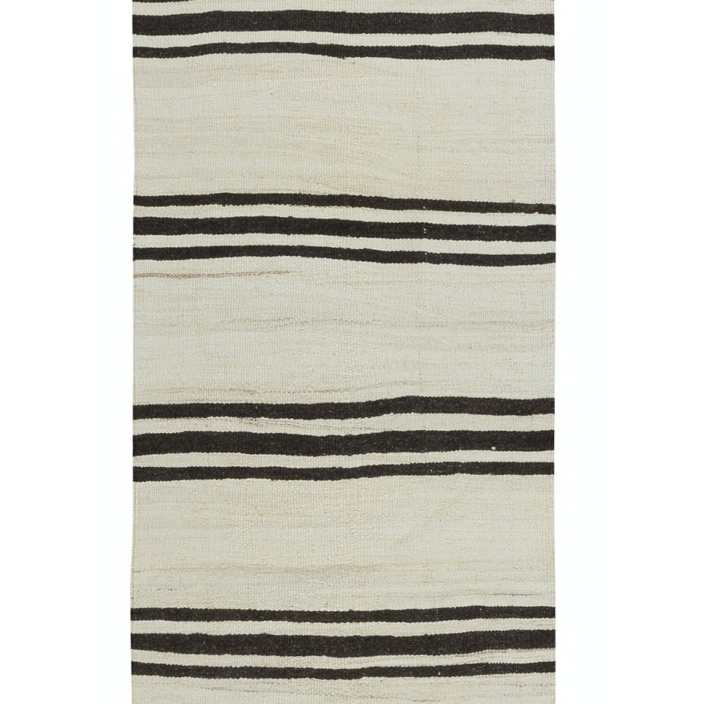 Vintage Anatolian Narrow Kilim Runner in Cream with Dark Brown Stripes, Flat-Weave Corridor Rug