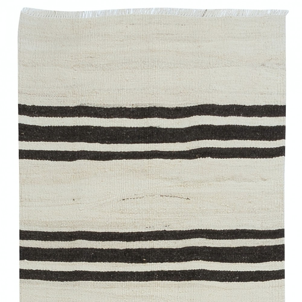 Vintage Anatolian Narrow Kilim Runner in Cream with Dark Brown Stripes, Flat-Weave Corridor Rug