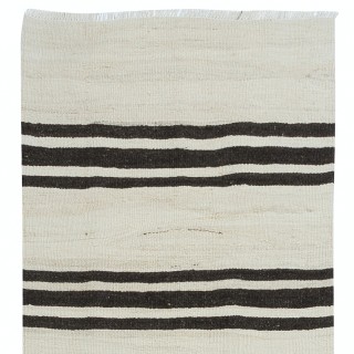 Vintage Anatolian Narrow Kilim Runner in Cream with Dark Brown Stripes, Flat-Weave Corridor Rug