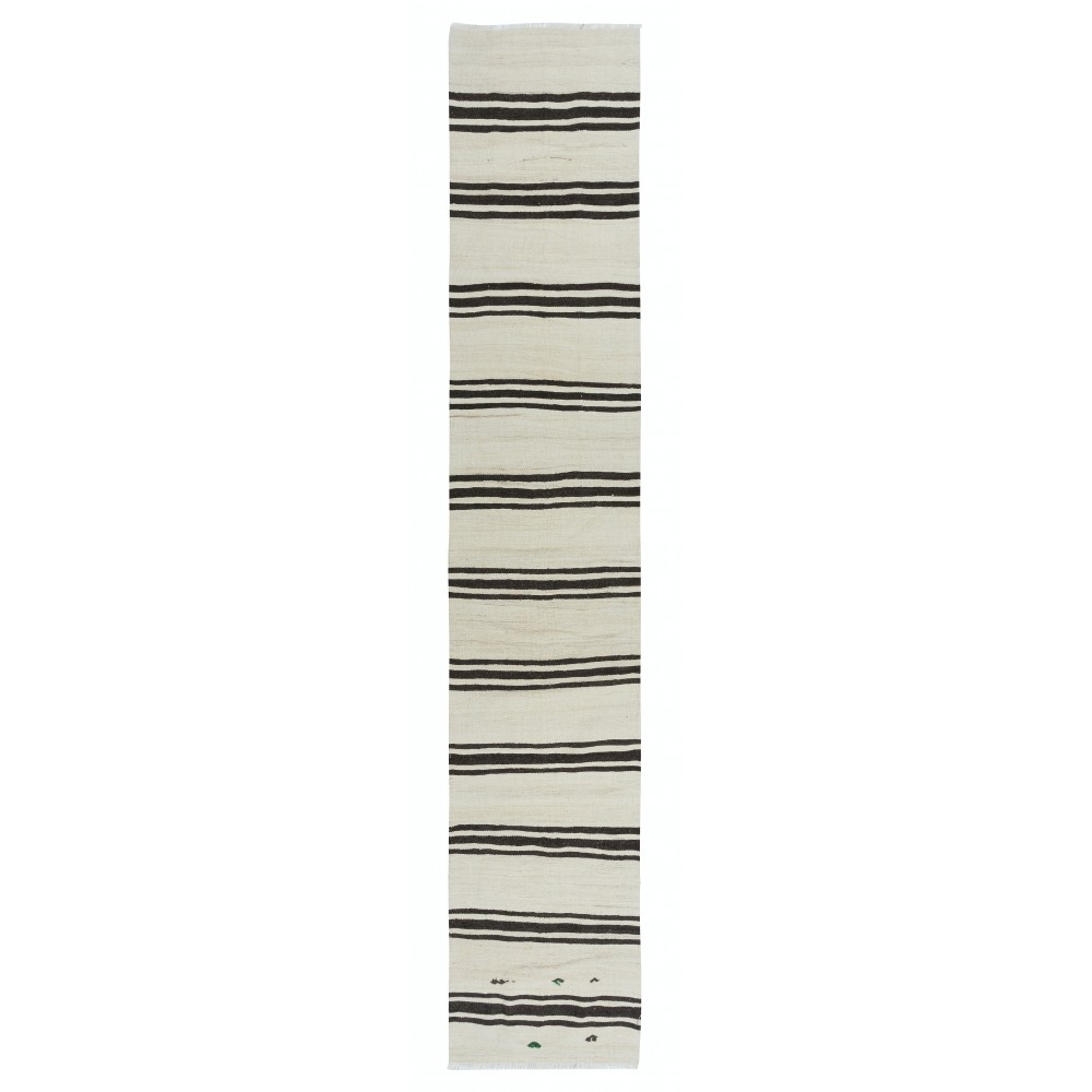 Vintage Anatolian Narrow Kilim Runner in Cream with Dark Brown Stripes, Flat-Weave Corridor Rug