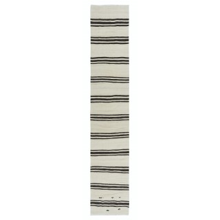 Vintage Anatolian Narrow Kilim Runner in Cream with Dark Brown Stripes, Flat-Weave Corridor Rug