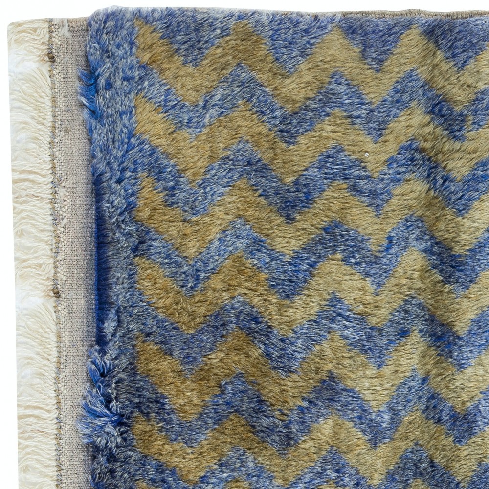 Vintage Handmade Anatolian Blue Tulu Rug with Light Brown Zig Zag Design