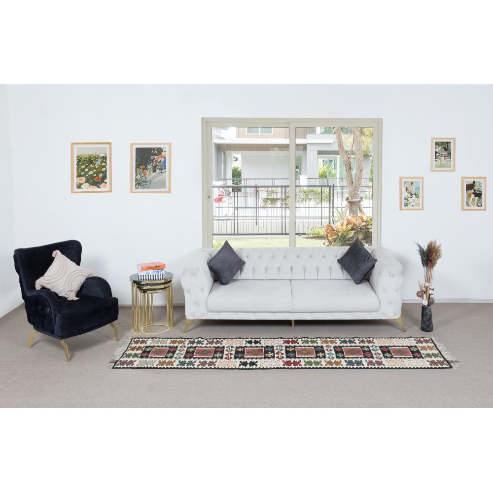 Flatweave Colorful Narrow Runner Kilim, Hand-Woven Geometric Turkish Hallway Rug