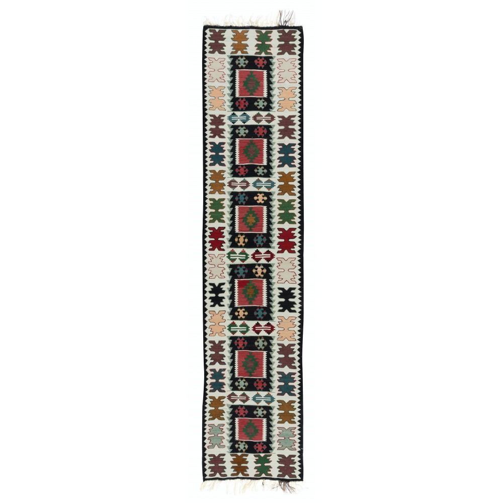Flatweave Colorful Narrow Runner Kilim, Hand-Woven Geometric Turkish Hallway Rug