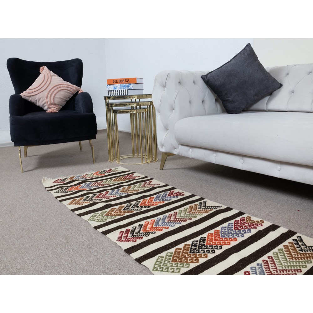 Flat-Weave Narrow and Long Runner Kilim for Hallway Decor, Hand-Woven Striped Turkish Corridor Rug