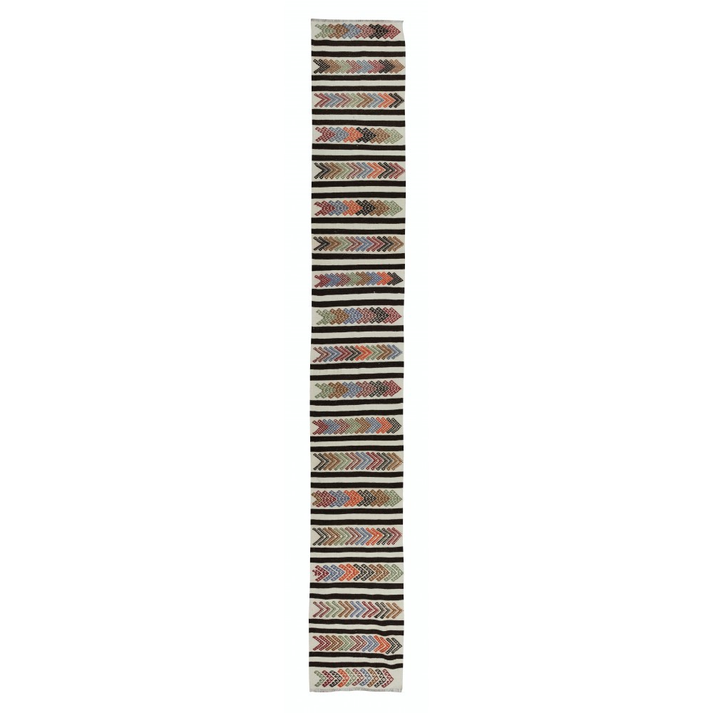 Flat-Weave Narrow and Long Runner Kilim for Hallway Decor, Hand-Woven Striped Turkish Corridor Rug