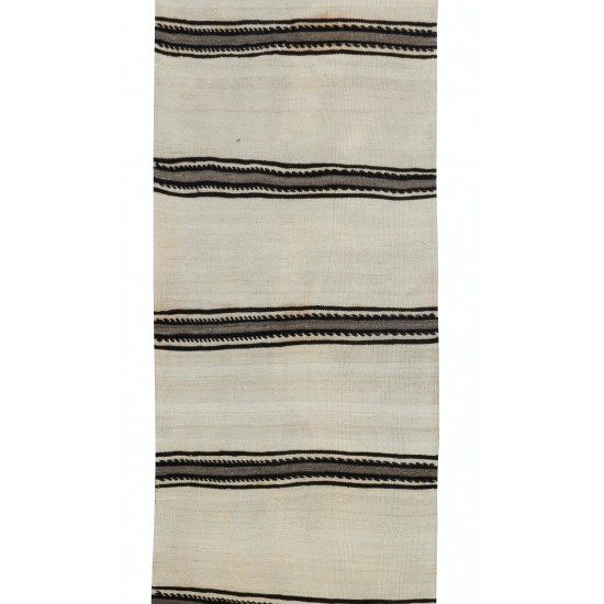 Hand-Woven Anatolian Narrow & Long Runner Kilim Rug in Cream with Black & Gray Stripes