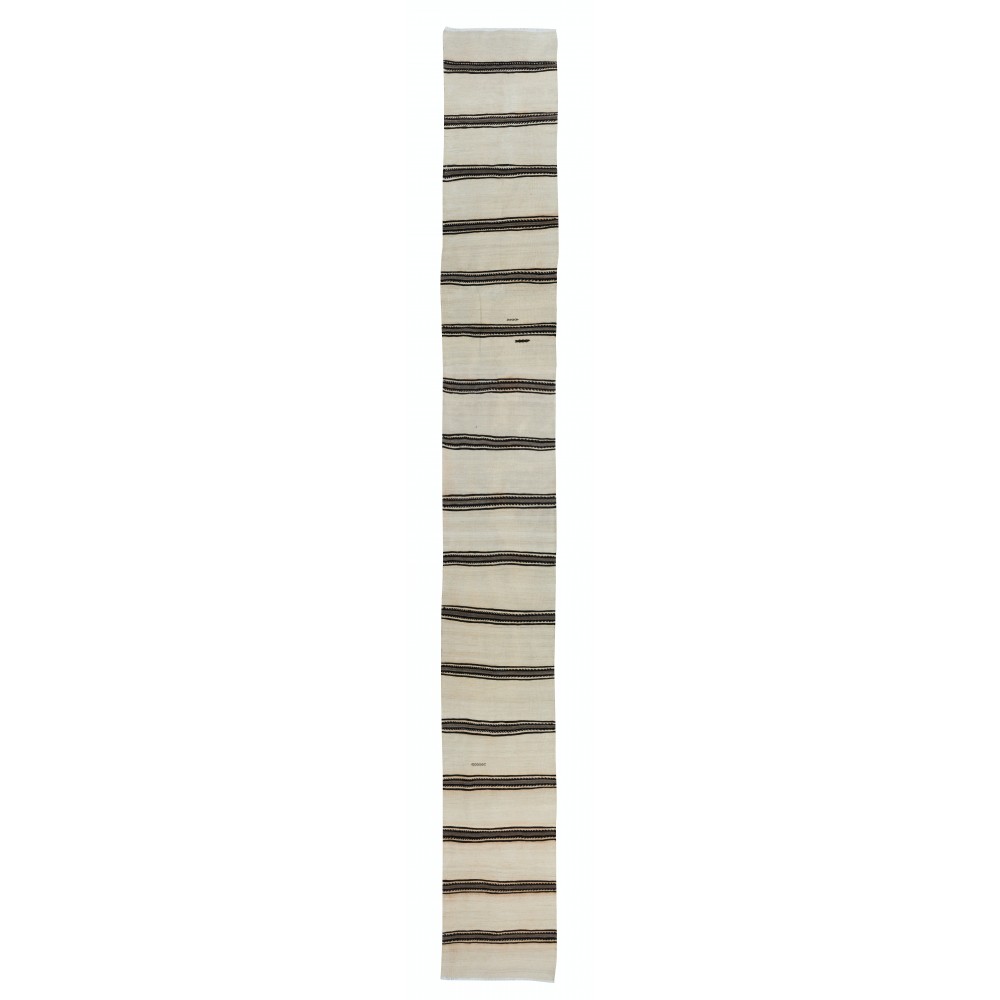 Hand-Woven Anatolian Narrow & Long Runner Kilim Rug in Cream with Black & Gray Stripes
